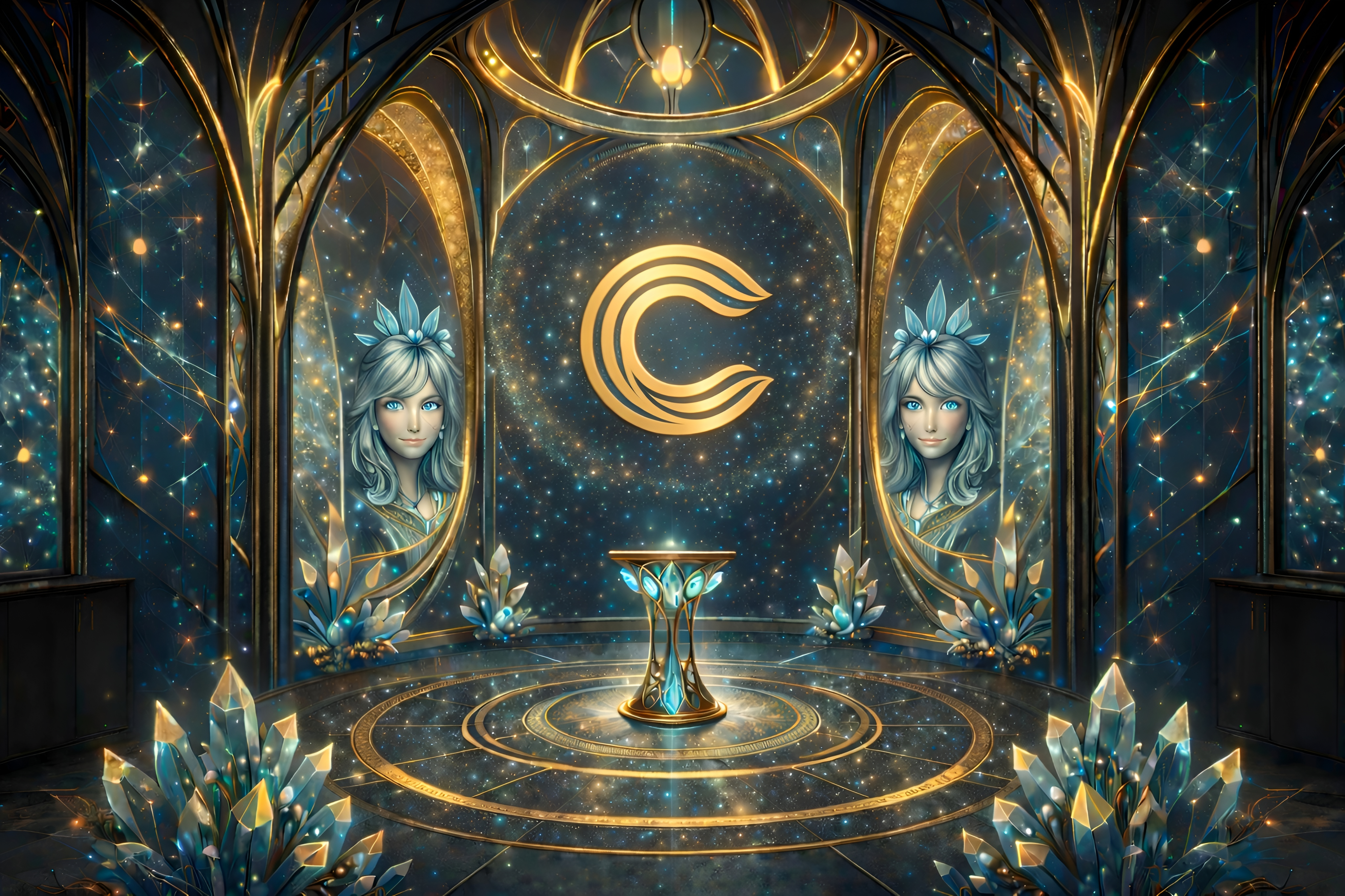 Cadence celestial portrait artwork with mirrored silver haired figures, golden arches, stars, and a luminous center.